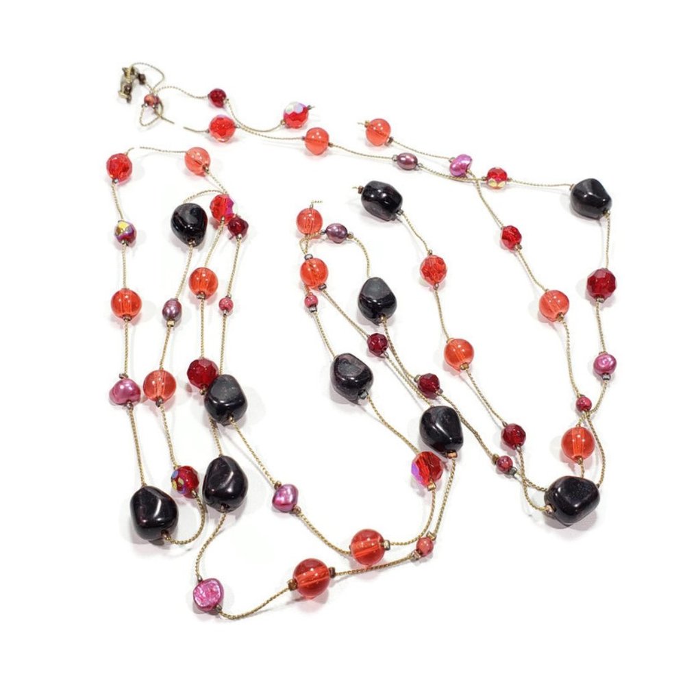 Red & Black Glass Beaded Necklace 66"